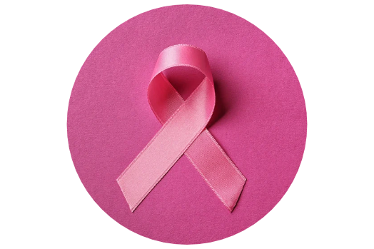 A satin awareness ribbon in shades of pink and light pink lies on a solid magenta background, symbolizing cancer support.